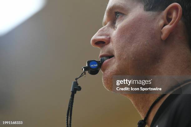 Detail view of a referee's whistle with an NCAA logo during a college basketball game between the Princeton Tigers and the Brown Bears on February 3,...
