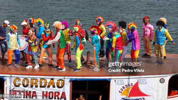 Aerial view of "Cordão Ultima Hora" parading along the Tocantins river during "Carnaval Das Aguas" on February 9, 2024 in Cametá, Brazil. The Water...