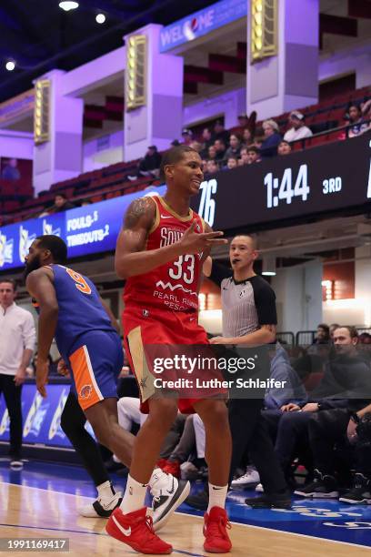 Malcolm Hill of the Birmingham Squadron celebrates during the game against the Westchester Knicks on February 8, 2024 in White Plains, NY. NOTE TO...