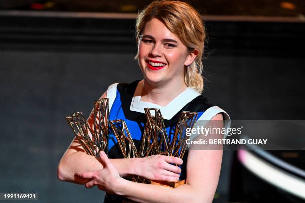 French singer Zaho de Sagazan celebrates as she receives the Best Original Song award during the 39th Victoires de la Musique, the annual French...