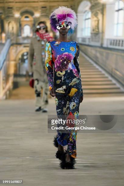 Model on the runway at Libertine RTW Fall 2024 as part of New York Ready to Wear Fashion Week held at the Starrett-Lehigh Building on February 9,...