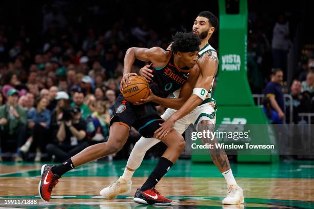 Bilal Coulibaly of the Washington Wizards drives against Jayson Tatum of the Boston Celtics during the second quarter at TD Garden on February 9,...