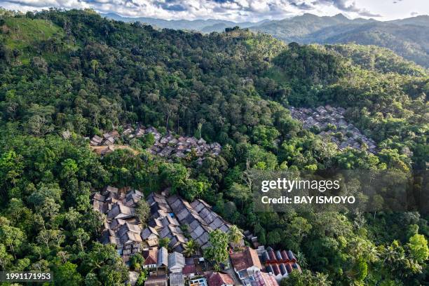 This picture taken on January 25, 2024 shows an aerial view of Indigenous Baduy tribe settlements in Kanekes Village in Lebak, Banten province. In...