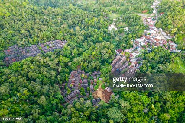 This picture taken on January 26, 2024 shows an aerial view of Indigenous Baduy tribe village settlements - constructed using natural materials in...