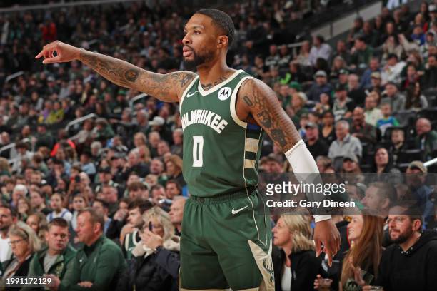 Damian Lillard of the Milwaukee Bucks looks on during the game against the Charlotte Hornets on February 9, 2024 at the Fiserv Forum Center in...