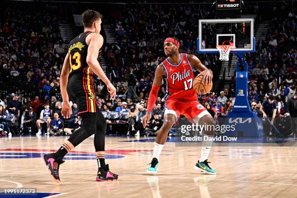 Buddy Hield of the Philadelphia 76ers dribbles the ball during the game against the Atlanta Hawks on February 9, 2024 at the Wells Fargo Center in...