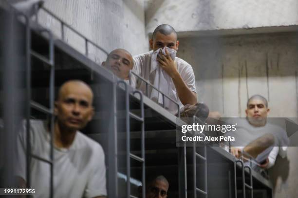 Inmates are seen in cells at CECOT in Tecoluca on February 6, 2024 in San Vicente, El Salvador. On February of 2023 El Salvador inaugurated Latin...