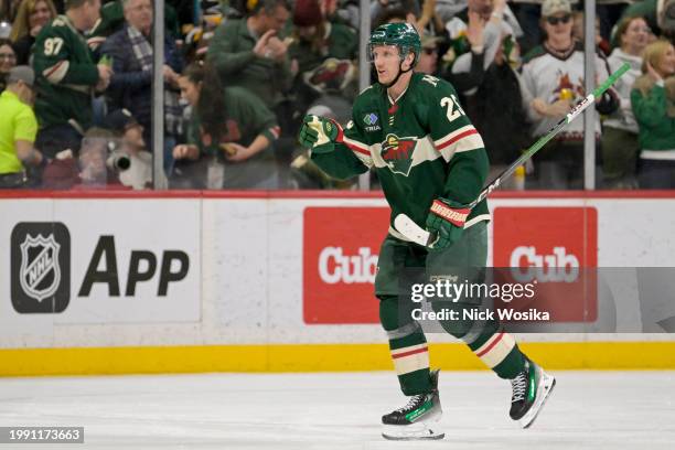 Jonas Brodin of the Minnesota Wild celebrates his goal against the Pittsburgh Penguins during the second period at Excel Energy Center on February...