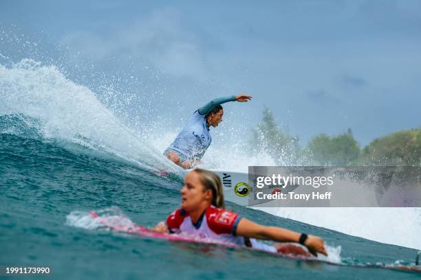 Sally Fitzgibbons of Australia surfs in Heat 2 of the Round of 16 at the Lexus Pipe Pro on February 9, 2024 at Oahu, Hawaii.