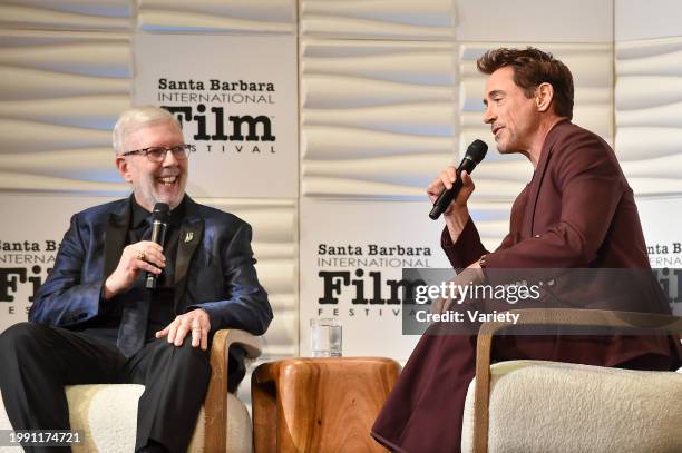 Leonard Maltin and Robert Downey Jr. Speak onstage at the Santa Barbara International Film Festival Maltin Modern Master Award Honoring Robert Downey...