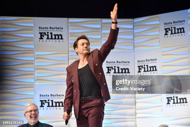 Leonard Maltin and Robert Downey Jr. Onstage at the Santa Barbara International Film Festival Maltin Modern Master Award Honoring Robert Downey Jr....