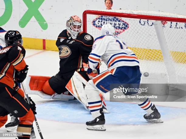 Edmonton Oilers center Derek Ryan shoots the puck for a goal past Anaheim Ducks goalie Lukas Dostal in the third period of an NHL hockey game played...