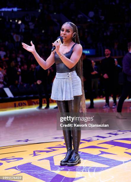 Candiace Dillard Bassett sings The Black National Anthem and the national anthem in celebration of Black History Month before the start of the game...