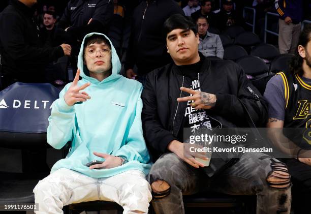 Mexican singer Peso Pluma attends the basketball game between the Los Angeles Lakers and the New Orleans Pelicans at Crypto.com Arena on February 9,...