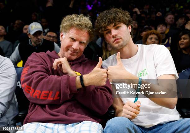 Will Ferrell and his son Mattias Ferrell attend the game between the Los Angeles Lakers and the New Orleans Pelicans at Crypto.com Arena on February...
