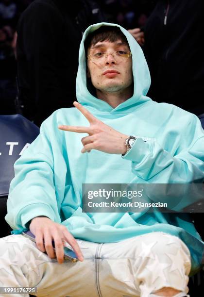 Mexican singer Peso Pluma attends the basketball game between the Los Angeles Lakers and the New Orleans Pelicans at Crypto.com Arena on February 9,...