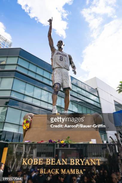 Fans gather outside of the Crypto.com Arena, formerly Staples Center, to celebrate the public unveiling of the new Kobe Bryant statue in honor of the...