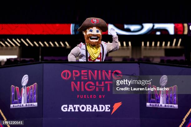 The San Francisco 49ers mascot waves to fans during Opening Night at Allegiant Stadium on February 5, 2024 in Las Vegas, Nevada.