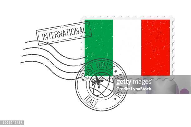 italy grunge postage stamp. vintage postcard vector illustration with italian national flag isolated on white background. retro style. - mail stock illustrations stock-grafiken, -clipart, -cartoons und -symbole