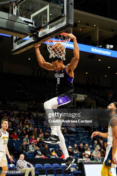 Skal Labissiere dunks the ball during the game against the Indiana Mad Ants on February 9, 2024 in Stockton, California at the Adventist Health...