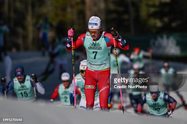 Johannes Hoesflot Klaebo of Norway Leads the group during Men's 15km Mass Start Free at the COOP FIS Cross Country World Cup, on February 9 in...