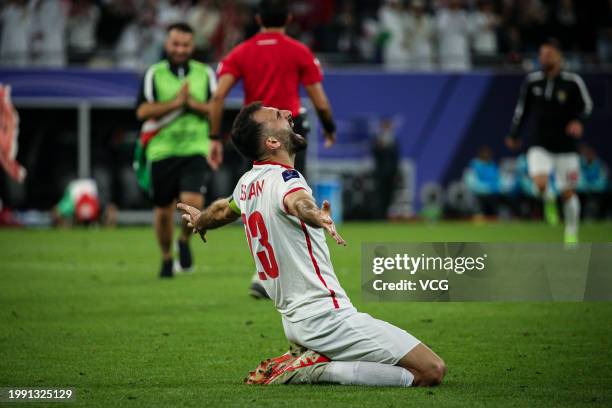 Ehsan Haddad of Jordan celebrates victory following the AFC Asian Cup Qatar 2023 Semi-final match between Jordan and South Korea at Ahmad Bin Ali...