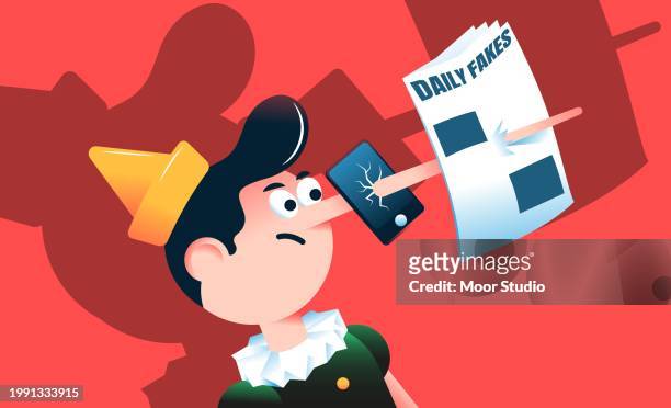 pinocchio piercing by his nose smartphone and news paper - pinocchio stock illustrations