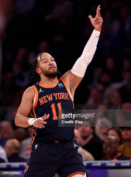 Jalen Brunson of the New York Knicks celebrates his three point shot in the first half against the Memphis Grizzlies at Madison Square Garden on...
