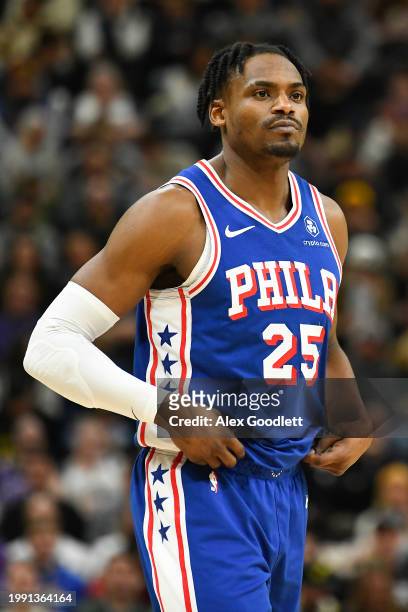 Danuel House Jr. #25 of the Philadelphia 76ers looks on during the first half of a game against the Utah Jazz at Delta Center on February 01, 2024 in...
