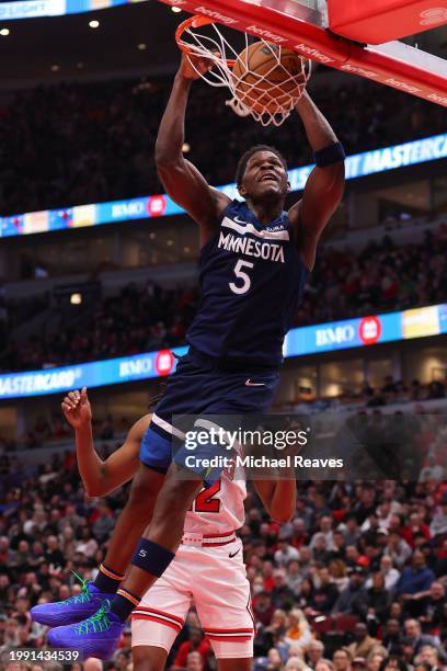 Anthony Edwards of the Minnesota Timberwolves dunks against the Chicago Bulls during the first half at the United Center on February 06, 2024 in...