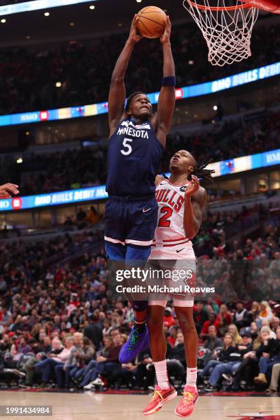 Anthony Edwards of the Minnesota Timberwolves dunks against the Chicago Bulls during the first half at the United Center on February 06, 2024 in...