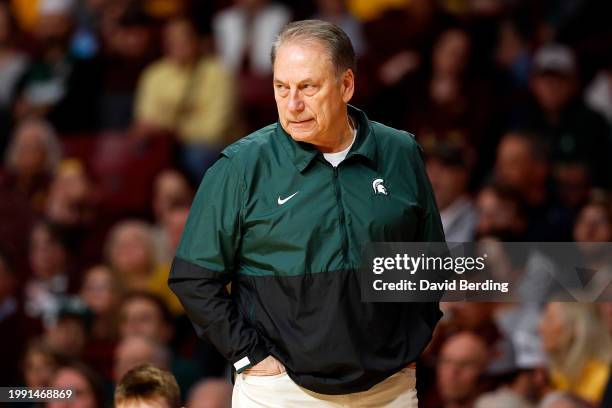 Head coach Tom Izzo of the Michigan State Spartans looks on against the Minnesota Golden Gophers in the first half at Williams Arena on February 06,...