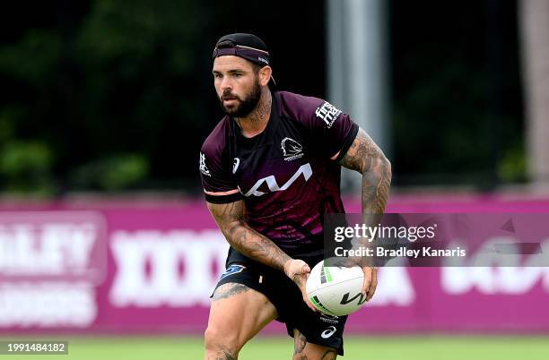 Adam Reynolds looks to pass during a Brisbane Broncos NRL training session at Clive Berghofer Field on February 07, 2024 in Brisbane, Australia.