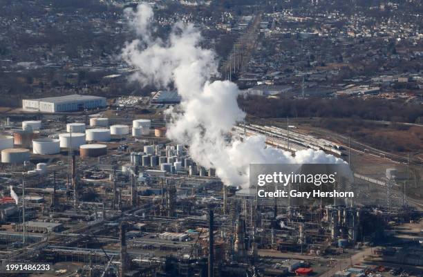 An emission comes out of a smoke stack at the Phillips 66 Refinery on February 6 in Linden, New Jersey.