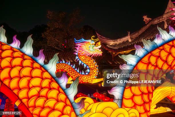 dragon lanterns illuminated at night with red chinese lanterns - chinese lantern festival stock pictures, royalty-free photos & images