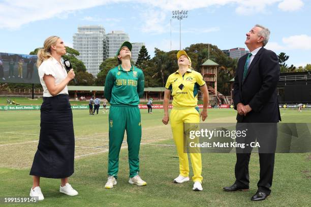 Alyssa Healy, captain of Australia and Laura Wolvaardt, captain of South Africa take part in the coin toss during game two of the Women's One Day...