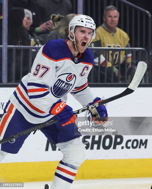 Connor McDavid of the Edmonton Oilers reacts after scoring a short-handed goal against the Vegas Golden Knights in the first period of their game at...