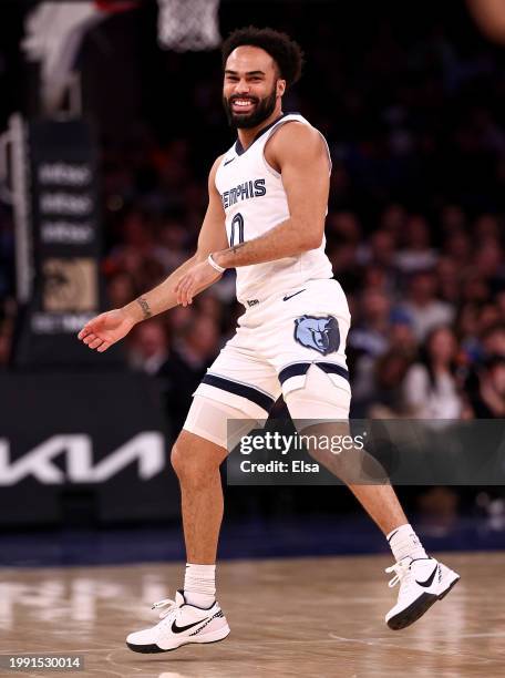 Jacob Gilyard of the Memphis Grizzlies celebrates his three point shot in the fourth quarter against the New York Knicks at Madison Square Garden on...