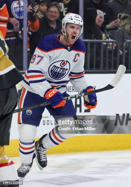 Connor McDavid of the Edmonton Oilers reacts after scoring a short-handed goal against the Vegas Golden Knights in the first period of their game at...