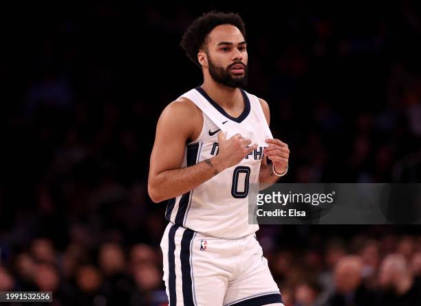 Jacob Gilyard of the Memphis Grizzlies reacts in the second half against the New York Knicks at Madison Square Garden on February 06, 2024 in New...
