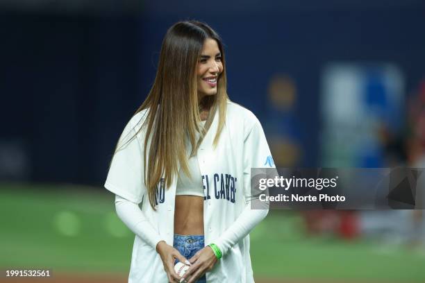 Actress Gaby Espino throws the ceremonial first pitch during a game between Panama and Venezuela as part of Serie del Caribe 2024 at loanDepot park...