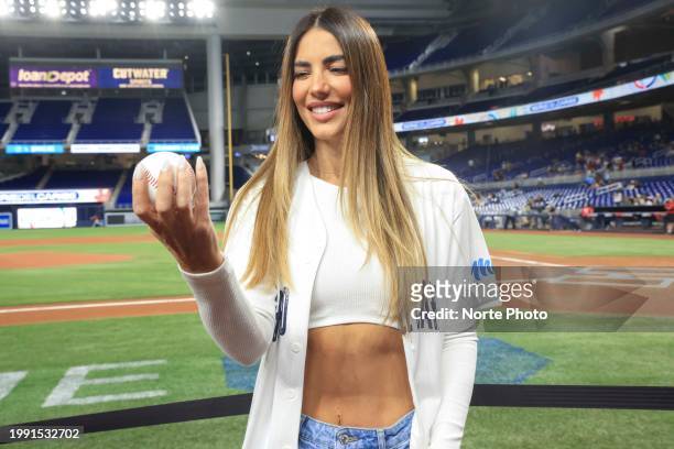 Actress Gaby Espino poses for photos after throwing the ceremonial first pitch during a game between Panama and Venezuela as part of Serie del Caribe...