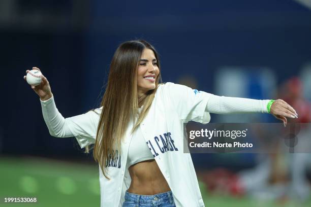 Actress Gaby Espino throws the ceremonial first pitch during a game between Panama and Venezuela as part of Serie del Caribe 2024 at loanDepot park...