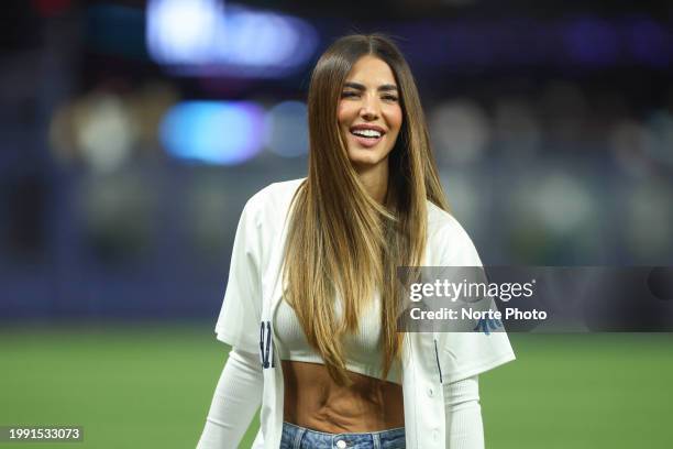 Actress Gaby Espino throws the ceremonial first pitch during a game between Panama and Venezuela as part of Serie del Caribe 2024 at loanDepot park...