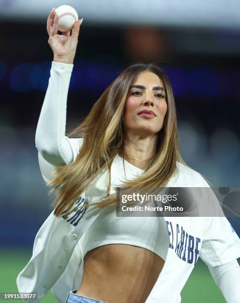 Actress Gaby Espino throws the ceremonial first pitch during a game between Panama and Venezuela as part of Serie del Caribe 2024 at loanDepot park...