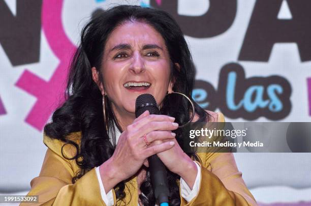 Bárbara Torres speaks during a press conference for the monologue "Menopausia" on February 6, 2024 in Mexico City, Mexico.