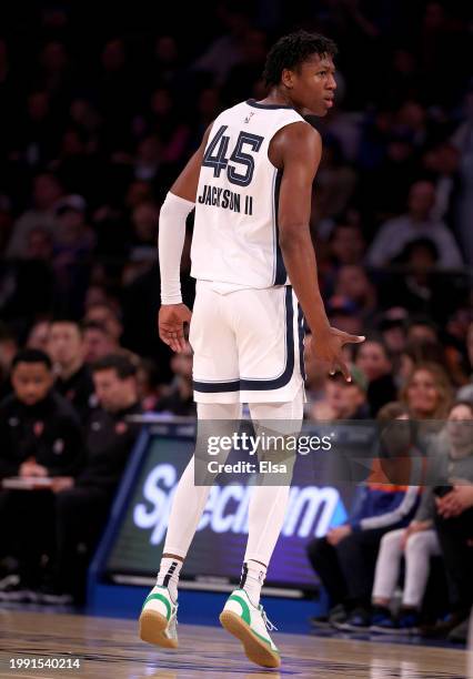 Jackson of the Memphis Grizzlies celebrates his three point shot in the second half against the New York Knicks at Madison Square Garden on February...