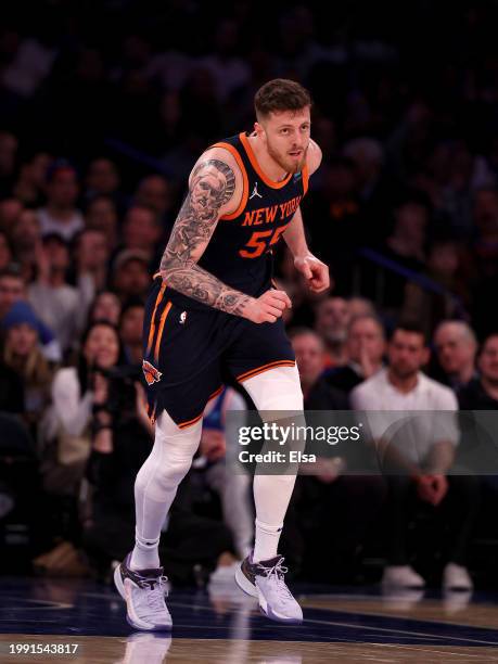 Isaiah Hartenstein of the New York Knicks celebrates his shot in the second half against the Memphis Grizzlies at Madison Square Garden on February...
