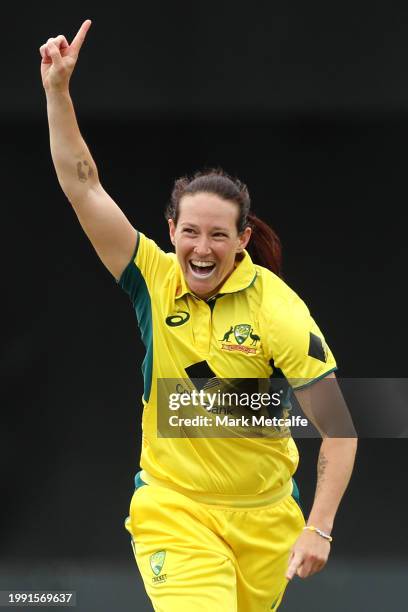 Megan Schutt of Australia celebrates taking the wicket of Laura Wolvaardt of South Africa during game two of the Women's One Day International series...