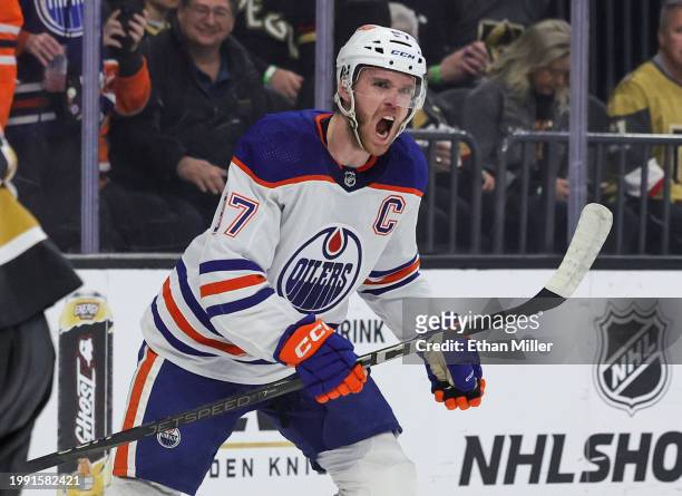 Connor McDavid of the Edmonton Oilers reacts after scoring a short-handed goal against the Vegas Golden Knights in the first period of their game at...